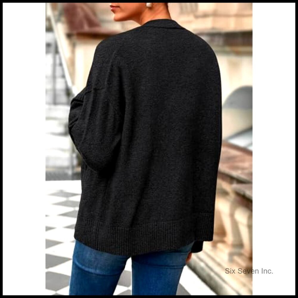 Oversized Chunky Knit Cardigan V Neck Button Down Drop Shoulder Pockets - Picture 4 of 7